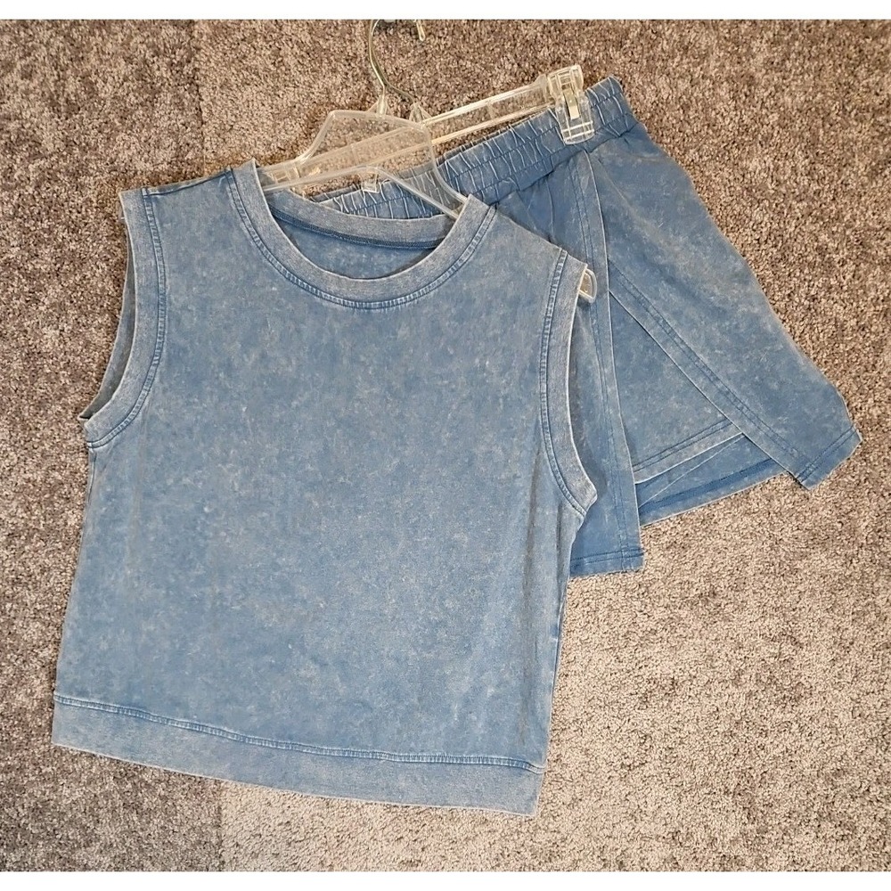 Womens Lightweight Sleeveless Denim Skort Set. Distressed Blue.  Medium